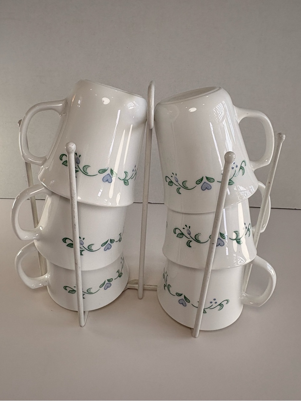 ☕ Vintage Corelle Country Cottage Coffee Mug Set – 6 Mugs with Mug Tree Rack